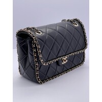 Black Quilted Quilted Calfskin Medium Running Chain Around Flap Handbag