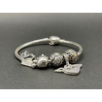 Ladies 925 Sterling Silver Round Bangle And Charms