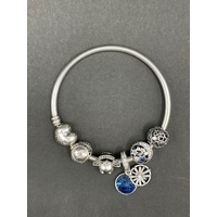 Ladies 925 Sterling Silver Round Bangle And Charms