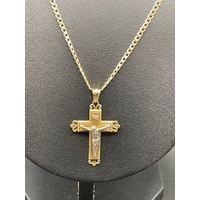 Unisex 9ct Yellow Gold Curb Link Necklace with Crucifix Pendant