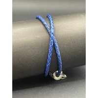 Ladies Blue Braided Leather Sterling Silver Charm Bracelet