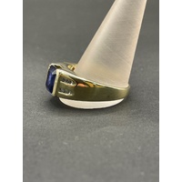 Unisex 9ct Yellow Gold Blue Gemstone and Diamond Ring