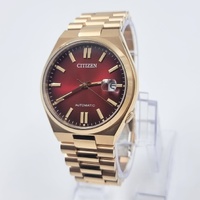 Citizen Mens Automatic Watch Gold Tone Red Dial 5 Bar Stainless Steel