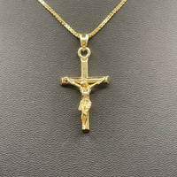 Unisex 14ct Yellow Gold Box Link Chain & Crucifix Pendant