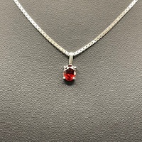 Ladies 925 Sterling Silver Box Link & Red Gemstone Necklace