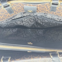 Calvin Klein Becky Triple Compartment Turnlock Tote Brown Khaki Black