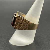 Mens 9ct Yellow Gold Red Ruby and Diamond Ring