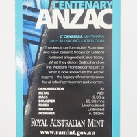 Royal Australian Mint 2015 ANZAC $1 C Mintmark Uncirculated Coin