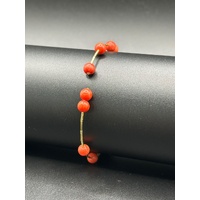 Ladies 18ct Yellow Gold Red Bead Cuff Bangle
