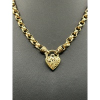 Ladies 9ct Yellow Gold Round Belcher Link Heart Clasp Necklace
