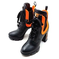 PRADA Runway Leather Neoprene Ankle Boots Black Orange Lace Up EU 37.5 Block Heel