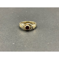 Ladies 9ct Yellow Gold Red Gemstone and Diamonds Ring