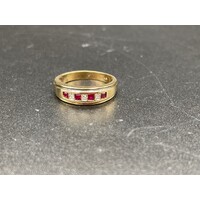 Ladies 9ct Yellow Gold 4 Red Stones & Diamond Ring Fine Jewellery Size UK N