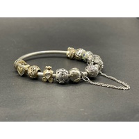 Ladies Mixed 925 Sterling Silver and 9 Carat Gold Round Bangle And Charms