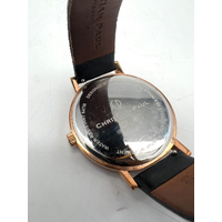 Christian Paul Rose Gold Stainless Steel Marble Finish Black Leather Band Watch