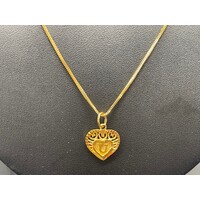 Ladies 22ct Yellow Gold Box Link Necklace & 'U' Heart Pendant (Pre-Owned)