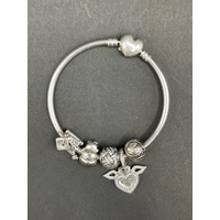 Ladies 925 Sterling Silver Round Bangle And Charms