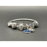 Ladies 925 Sterling Silver Round Bangle And Charms