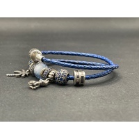 Ladies Blue Braided Leather Sterling Silver Charm Bracelet