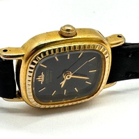 Seiko 2Y01-5A90 Ladies Quartz Watch Gold Tone Black Dial Leather Band