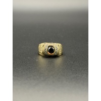 Mens 9ct Yellow Gold Black Onyx & Diamond Ring