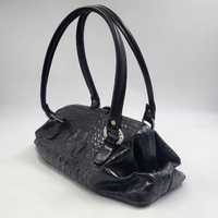Ralph Raviani Black Leather Satchel Handbag Croc Embossed Rhinestone Buckle