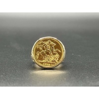 Mens 22ct Yellow Gold Round Sovereign Coin Set In 9ct Ring