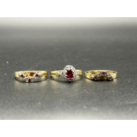 Ladies 9ct Yellow Gold Red Sapphire & Diamond 3 Ring Set