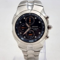 Seiko Chronograph 100M 7T62-0GM0 Mens Watch Black Dial Alarm Tachymeter