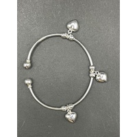 Ladies 925 Sterling Silver Cuff Bangle with Heart Charms (NEW)