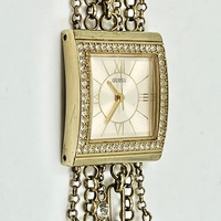 Guess W0140L2 Ladies Silk Silver Pearl Charm Watch Gold Tone Dial