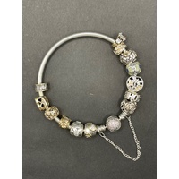 Ladies Mixed 925 Sterling Silver and 9 Carat Gold Round Bangle And Charms