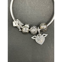 Ladies 925 Sterling Silver Round Bangle And Charms