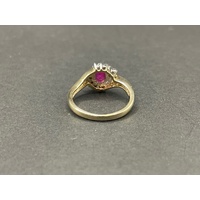 Ladies 9ct Yellow Gold Red Gemstone & Diamond Ring
