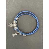 Ladies Blue Braided Leather Sterling Silver Charm Bracelet