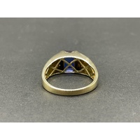 Unisex 9ct Yellow Gold Blue Gemstone and Diamond Ring