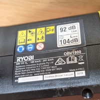 Ryobi OBV1800 Cordless Blower Vacuum 18V Brushless 201km/h Turbo with Bag