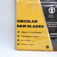 Workzone 3pc Circular Saw Blades 180mm 16 24 40T 20mm Bore Set