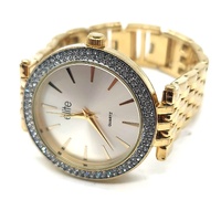 Elite Ladies Gold Tone Quartz Watch Crystal Bezel Sunray Dial 5080283