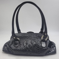 Ralph Raviani Black Leather Satchel Handbag Croc Embossed Rhinestone Buckle