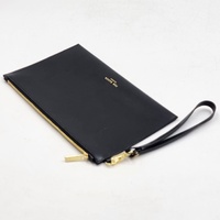 Ted Baker London Black Leather Envelope Wristlet Clutch Zip Pouch Gold Tones
