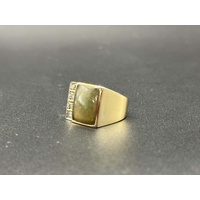 Mens 14ct Yellow Gold Green Gemstone and Diamonds Ring