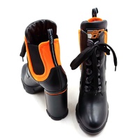 PRADA Runway Leather Neoprene Ankle Boots Black Orange Lace Up EU 37.5 Block Heel