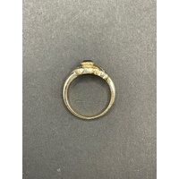 Ladies 9ct Yellow Gold Red Gemstone and Diamonds Ring