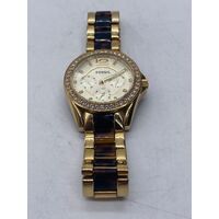 Fossil Ladies Watch Stainless Steel Gold Tone with Brown Leopard Print