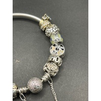 Ladies Mixed 925 Sterling Silver and 9 Carat Gold Round Bangle And Charms
