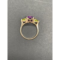 Ladies 9ct Yellow Gold Purple & Green Gemstone Ring (Pre-Owned)