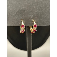 Ladies 9ct Yellow Gold Red Gemstone Huggie Hoop Earrings