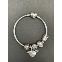 Ladies 925 Sterling Silver Round Bangle And Charms