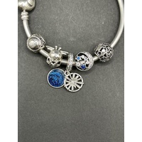 Ladies 925 Sterling Silver Round Bangle And Charms